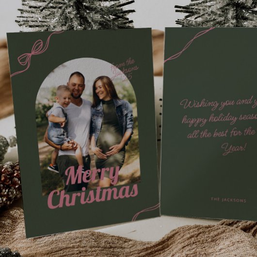 Retro Green & Pink Bow Arch Photo Christmas シーズンカード