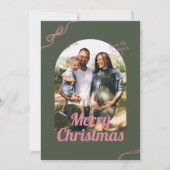 Retro Green & Pink Bow Arch Photo Christmas シーズンカード (正面)
