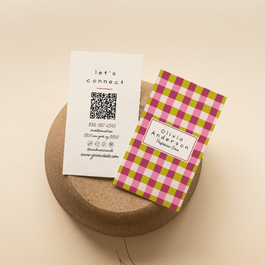 Retro Green Pink Checkered Gingham Girly QR Code 名刺