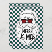 Retro Green Pink Checkered Santa Claus Christmas  シーズンカード (正面/裏面)