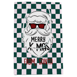 Retro Green Pink Checkered Santa Claus Christmas  ミディアムペーパーバッグ