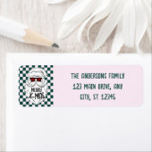 Retro Green Pink Checkered Santa Claus Christmas ラベル (インサイチュ)