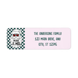 Retro Green Pink Checkered Santa Claus Christmas ラベル