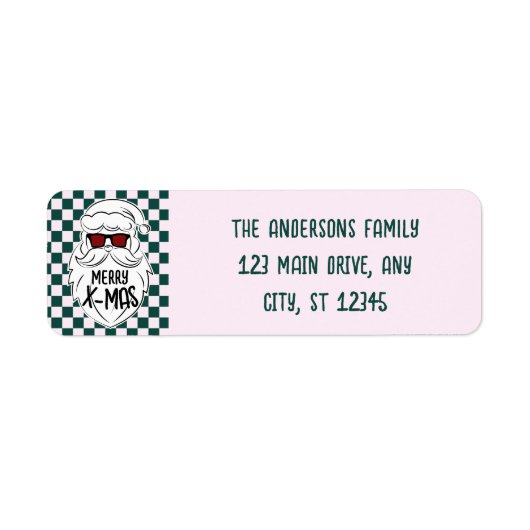 Retro Green Pink Checkered Santa Claus Christmas ラベル (正面)
