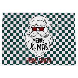 Retro Green Pink Checkered Santa Claus Christmas  ラージペーパーバッグ