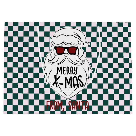 Retro Green Pink Checkered Santa Claus Christmas  ラージペーパーバッグ (正面)