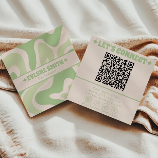 Retro Green QR Code 70s Boho Groovy Unique Trendy スクエア名刺