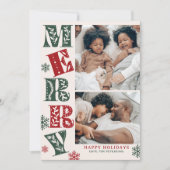 Retro Green Red Merry 2-Photo Christmas シーズンカード (正面)