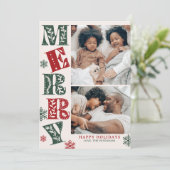 Retro Green Red Merry 2-Photo Christmas シーズンカード (スタンド正面)