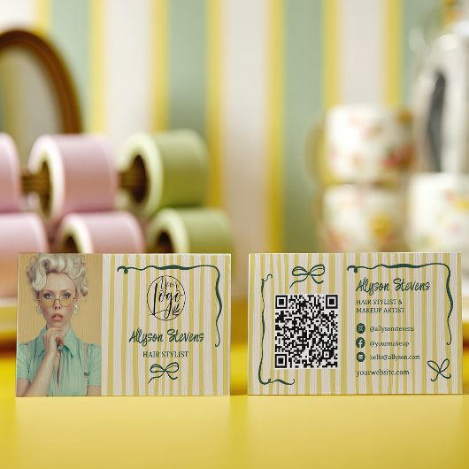 Retro Green Striped Quirky Hair photo qr code Logo 名刺