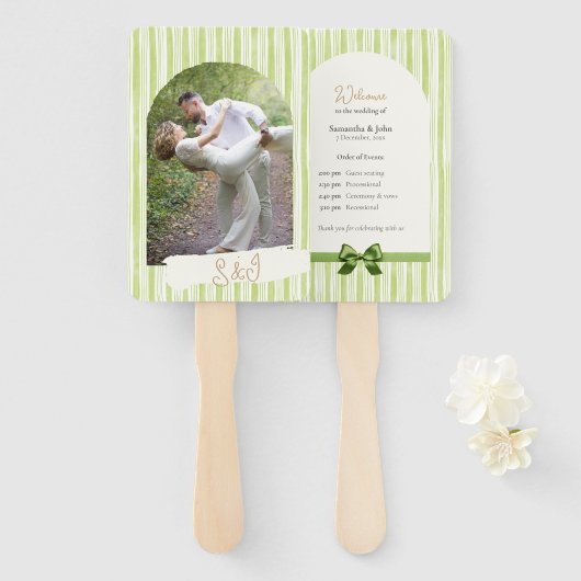 Retro Green Stripes Wedding Ceremony Program Fan ハンドファン (正面&裏面)