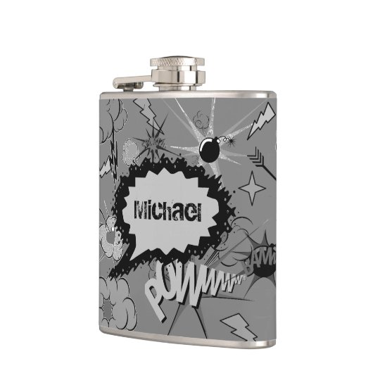 Retro Grey Custom Comic Book Pattern Personalised フラスク (左)