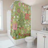 retro groovy 1970 disco christmas tree green check シャワーカーテン (インサイチュ)