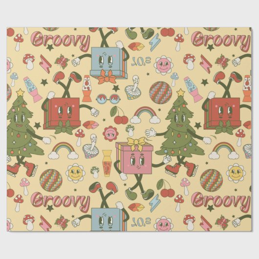 retro groovy 1970s disco christmas tree ラッピングペーパー (フラット)