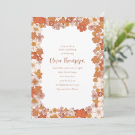Retro Groovy 70s Floral Orange Baby Shower 招待状