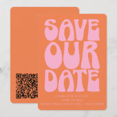 Retro Groovy 70s Pink and Orange QR Code Wedding セーブザデート (正面/裏面)