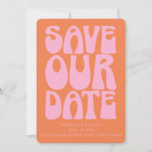 Retro Groovy 70s Pink and Orange QR Code Wedding セーブザデート (正面)