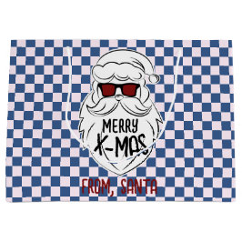 Retro Groovy Blue Checkered Santa Claus Christmas  ラージペーパーバッグ