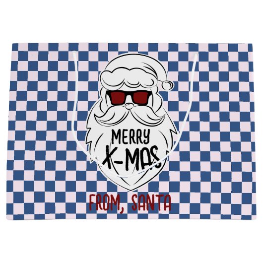 Retro Groovy Blue Checkered Santa Claus Christmas  ラージペーパーバッグ (正面)