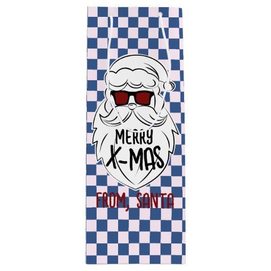 Retro Groovy Blue Checkered Santa Claus Christmas  ワインギフトバッグ (正面)