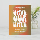 Retro Groovy Burnt Orange Fall Photo Wedding セーブザデート (スタンド正面)