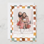 Retro Groovy Checkered Family Photo Fun Christmas シーズンカード (正面)