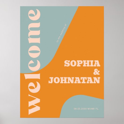 Retro groovy dusty blue typography welcome wedding ポスター (正面)