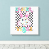 Retro Groovy Easter Vibes Bunny Checkered Smile Wo キャンバスプリント (インサイチュ (ウッドフロア))