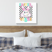 Retro Groovy Easter Vibes Bunny Checkered Smile Wo キャンバスプリント (インサイチュ (寝室))