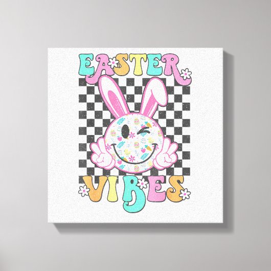 Retro Groovy Easter Vibes Bunny Checkered Smile Wo キャンバスプリント (正面)