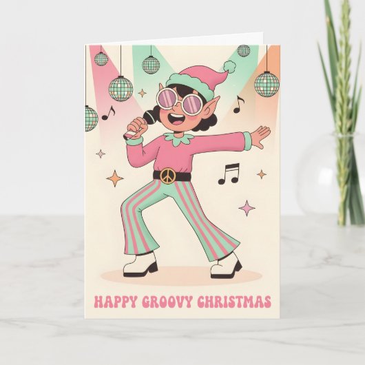Retro Groovy Elf Merry Christmas シーズンカード (正面)