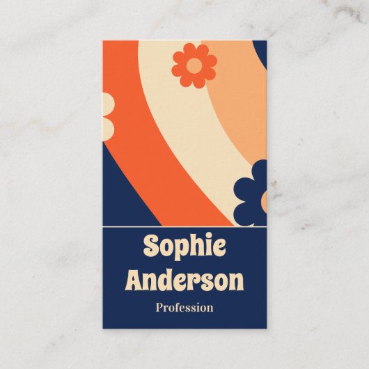 Retro Groovy Floral Business Card with QR Code 名刺 (正面)