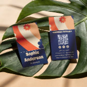 Retro Groovy Floral Business Card with QR Code 名刺