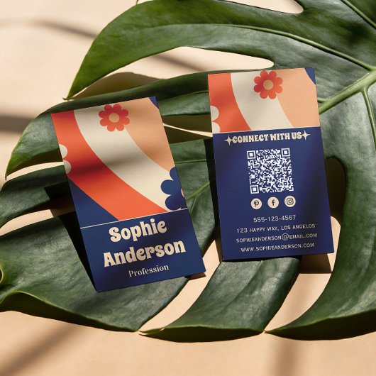 Retro Groovy Floral Business Card with QR Code 名刺