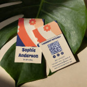 Retro Groovy Floral Business Card with QR Code 名刺