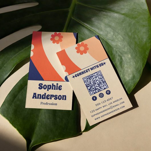 Retro Groovy Floral Business Card with QR Code 名刺