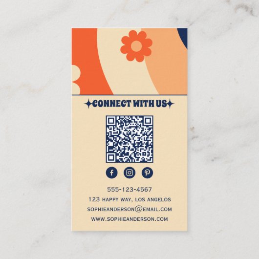 Retro Groovy Floral Business Card with QR Code 名刺 (裏面)