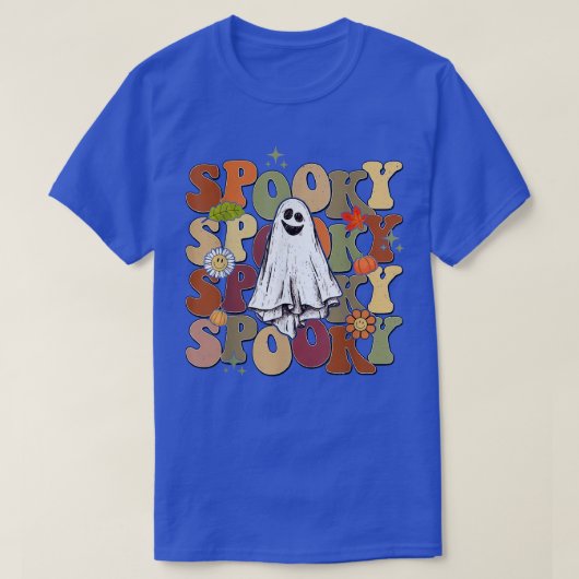 Retro Groovy Flower Pumpkin Spooky Halloween Ghost Tシャツ (デザイン正面)