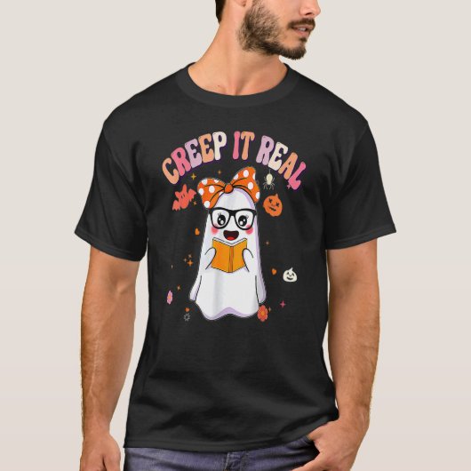 Retro Groovy Halloween Creep It Real Ghost Readin Tシャツ (正面)