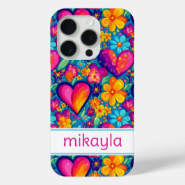 Retro Groovy Hippie Flowers Hearts Personalized iPhone 15 Proケース