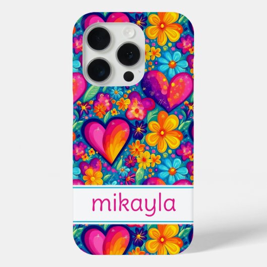 Retro Groovy Hippie Flowers Hearts Personalized Case-Mate iPhoneケース (裏面)
