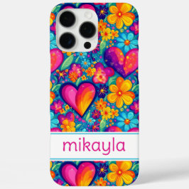 Retro Groovy Hippie Flowers Hearts Personalized iPhone 16 Pro Maxケース