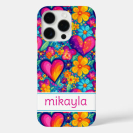 Retro Groovy Hippie Flowers Hearts Personalized iPhone 16 Proケース