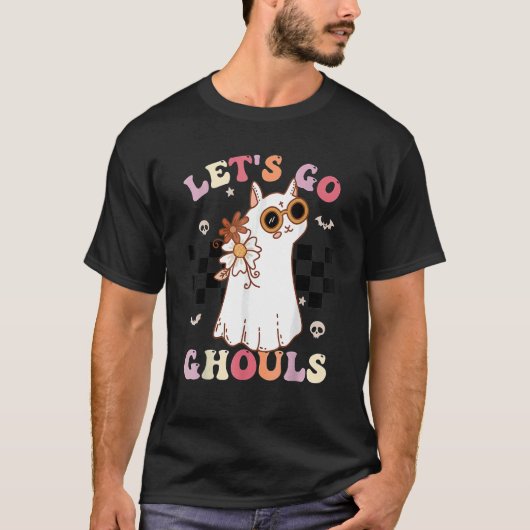 Retro Groovy Let's Go Ghouls Halloween Ghost Cat C Tシャツ (正面)