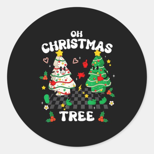 Retro Groovy Oh Christmas Tree Cake Pajamas Xmas K ラウンドシール (正面)