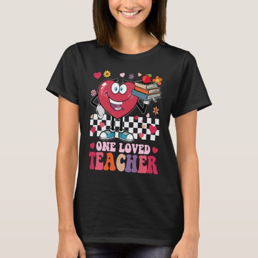 Retro Groovy One Loved Teacher Heart Valentines Da Tシャツ (正面)
