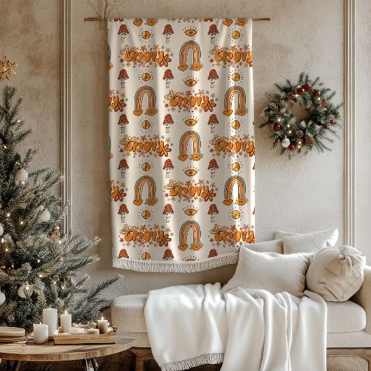 Retro Groovy Pastel Rainbows and Mushrooms Blanket フリースブランケット