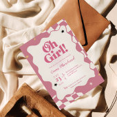 Retro Groovy Pink Checkered Oh Girl Baby Shower 招待状