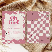 Retro Groovy Pink Checkered Oh Girl Baby Shower 招待状