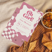 Retro Groovy Pink Checkered Oh Girl Baby Shower 招待状